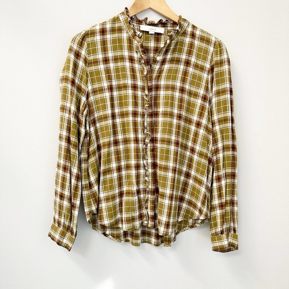 Loft Linen Blend Plaid Shirt Button Up Blouse Size Small